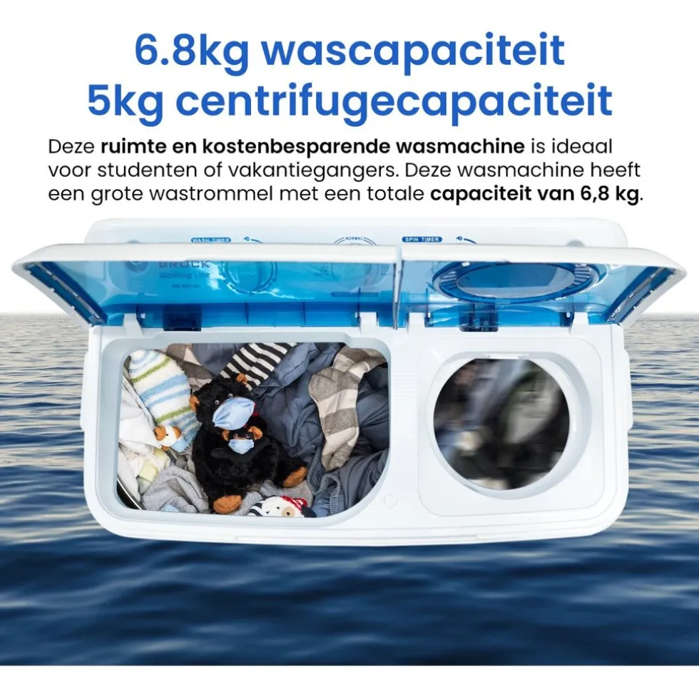 Brock xl camping wasmachine met dubbele trommel 6,8kg was en 5,0kg centrifuge capaciteit