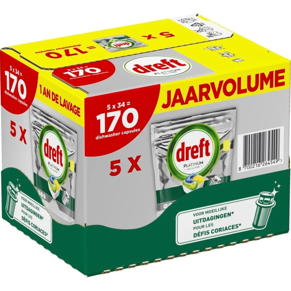 Dreft Platinum All in One Lemon Vaatwascapsules Jaarvolume