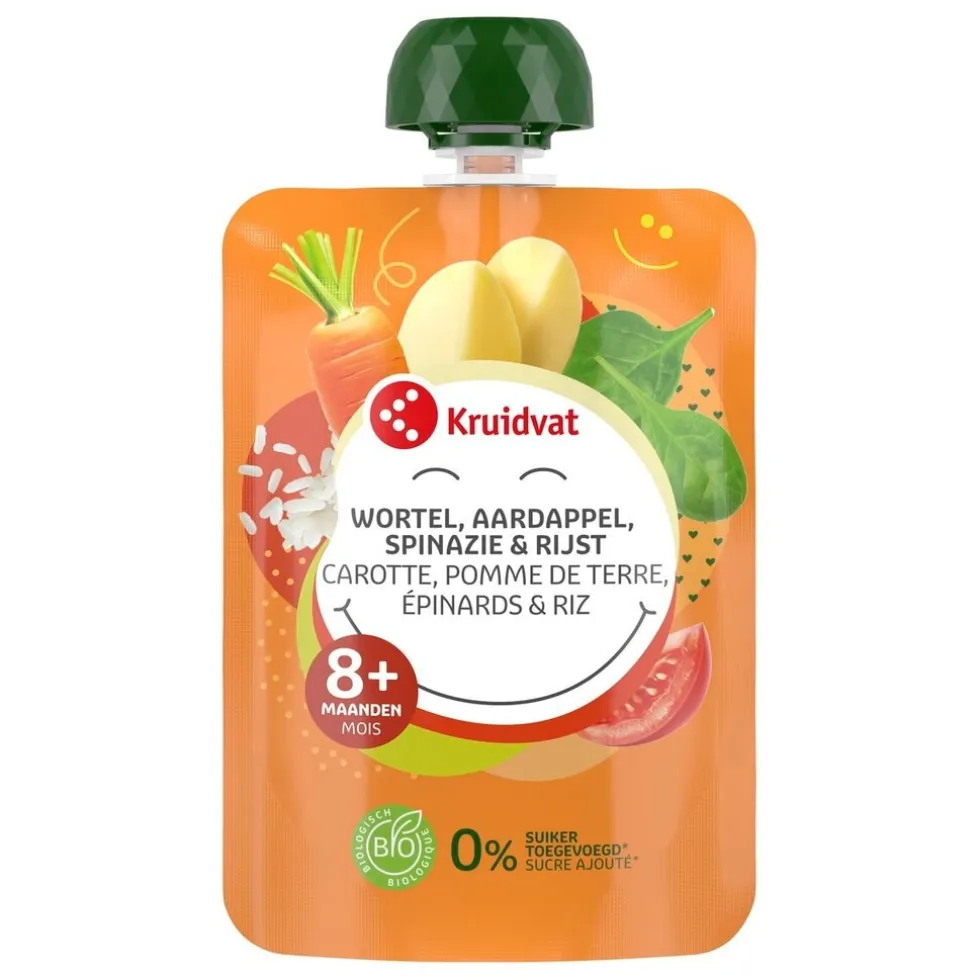 Kruidvat 8+M Bio Wortel, Aardappel, Spinazie & Rijst Knijpzakje