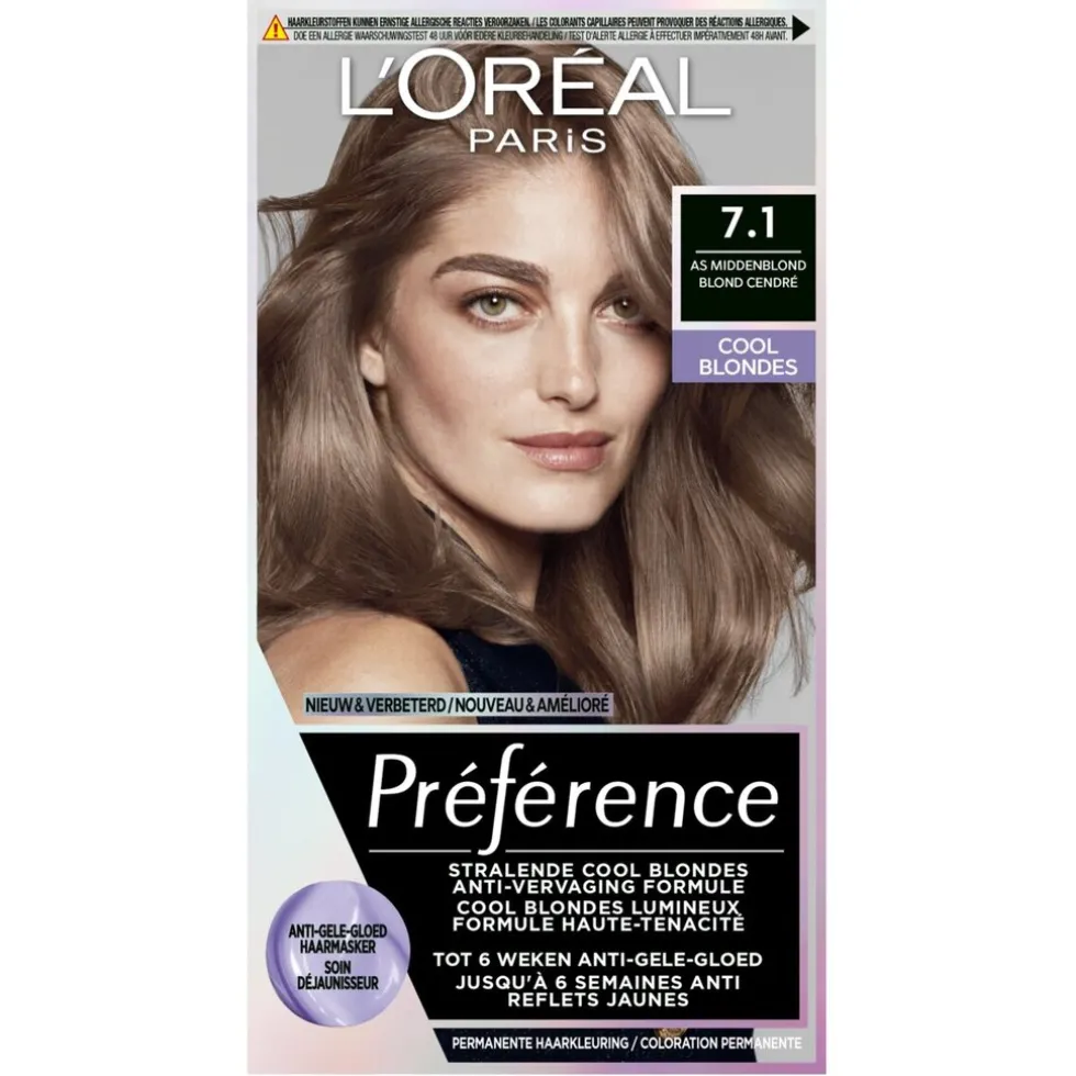 L'Oréal Paris Préférence Cool Blondes 7.1 As Middenblond Permanente Haarkleuring