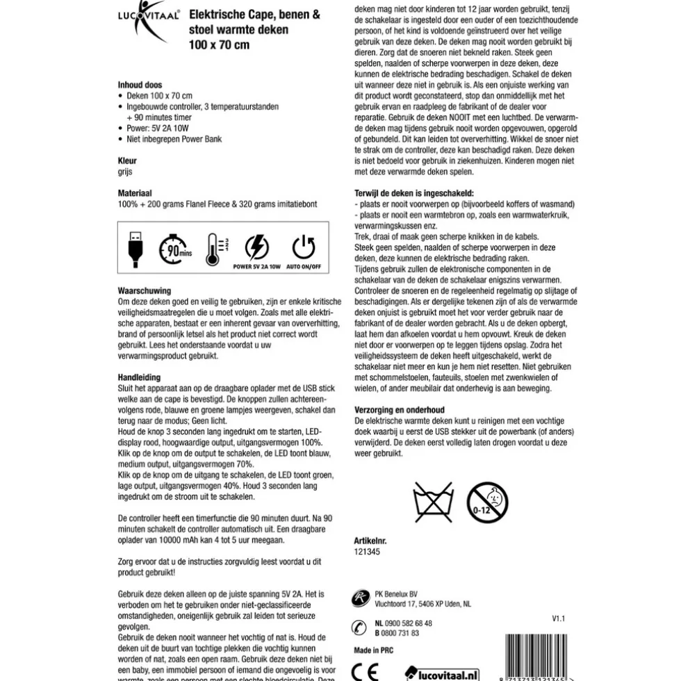 Lucovitaal Elektrische Cape, benen & stoel Warmte deken