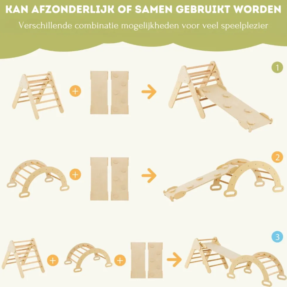 Trendmix 3 in 1 Houten Klimset met Glijbaan Klimdriehoek en Klimboog
