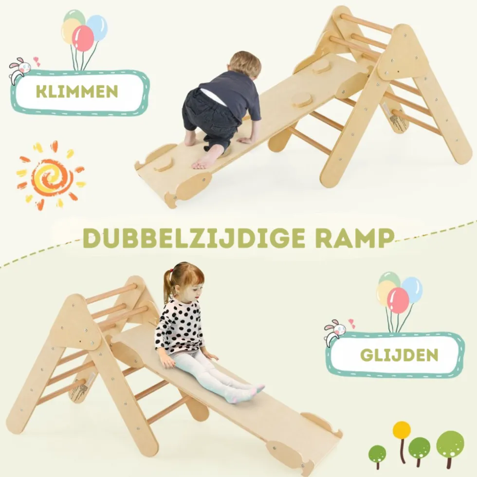 Trendmix 3 in 1 Houten Klimset met Glijbaan Klimdriehoek en Klimboog